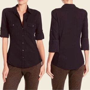 Norma Kamali Contrast Ribbed Button Down Shirt Short Sleeve Black Women's M
